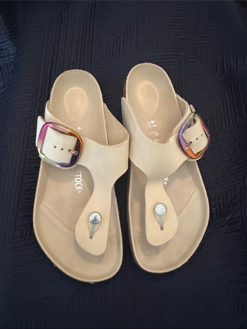Birkenstock Cream Toe-Post Sandals with Iridescent Buckles size 41